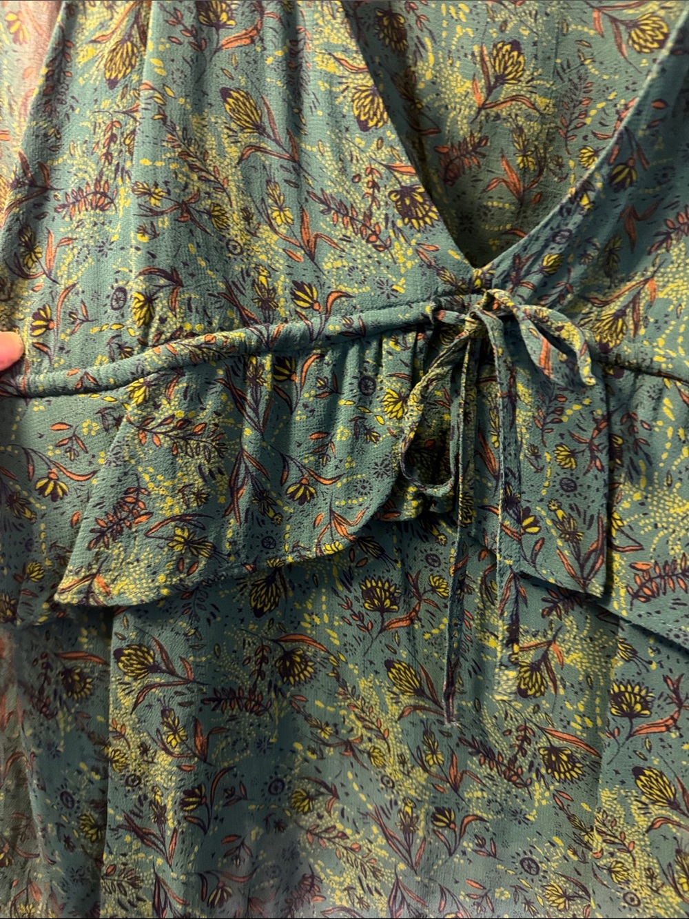 Free People Sheer Teal Green Printed V-Neck Tie-Front Blouse - Picture 3 of 9